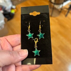 3pc set Cute new shimmer Green Star Earrings n matching charm fun vibrant bold